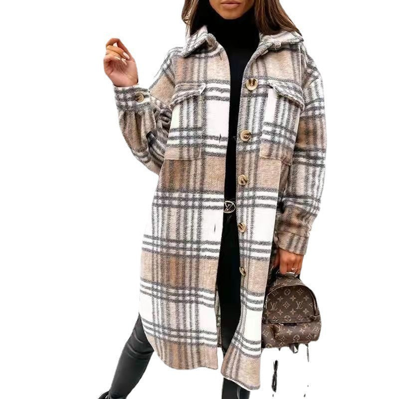 Women's Plaid Oversized Shirt Coat with Pockets
