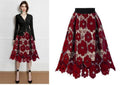 Flared Midi Skirt with Floral Lace Appliqué and Scalloped Hem