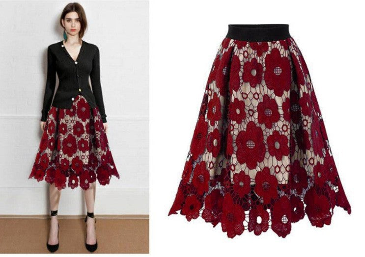 Flared Midi Skirt with Floral Lace Appliqué and Scalloped Hem