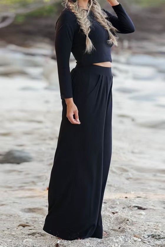 Women's Casual Set with Cropped Top and Wide Pants