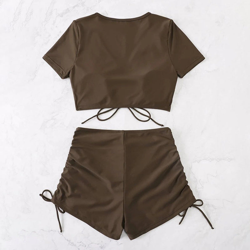 Women's Swim Set with Ruched Top and High-Waisted Bottoms