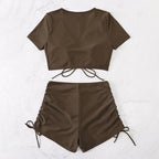 Women's Swim Set with Ruched Top and High-Waisted Bottoms