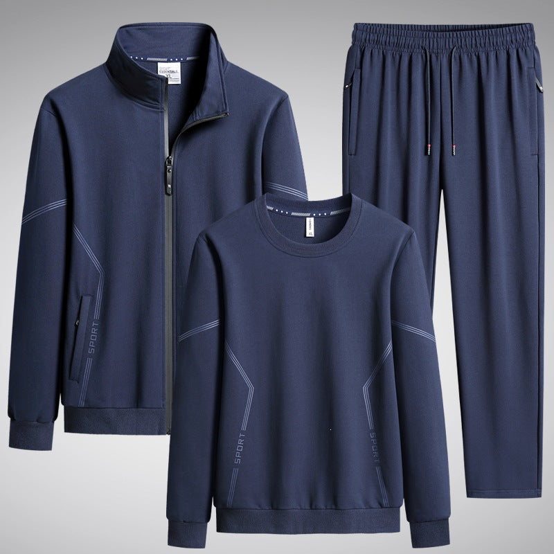 Men's Three-Piece Performance Training Set with Stand Collar Zip Jacket, Round Neck Sweater & Tapered Jogging Pants