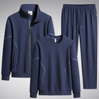 Men's Three-Piece Performance Training Set with Stand Collar Zip Jacket, Round Neck Sweater & Tapered Jogging Pants