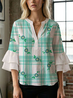 Women's Blouse with Voluminous Flutter Sleeves and Leaf Print