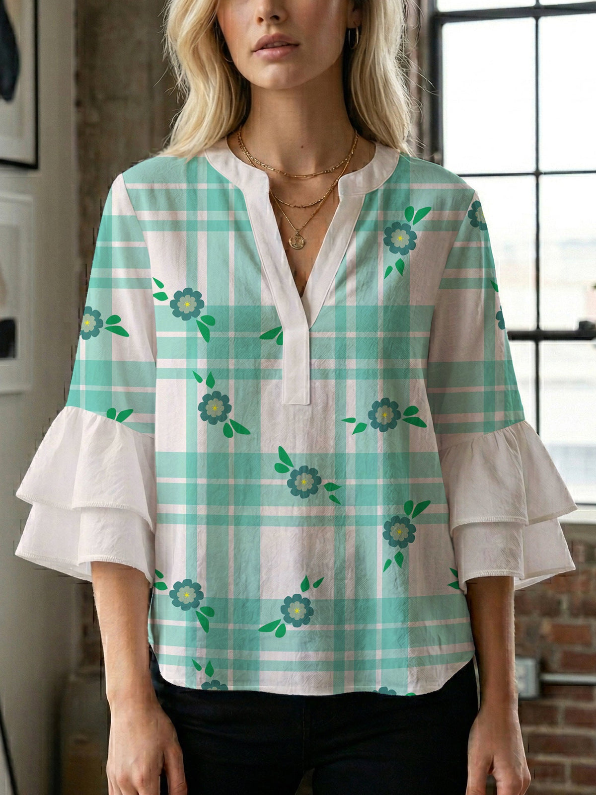 Women's Blouse with Voluminous Flutter Sleeves and Leaf Print