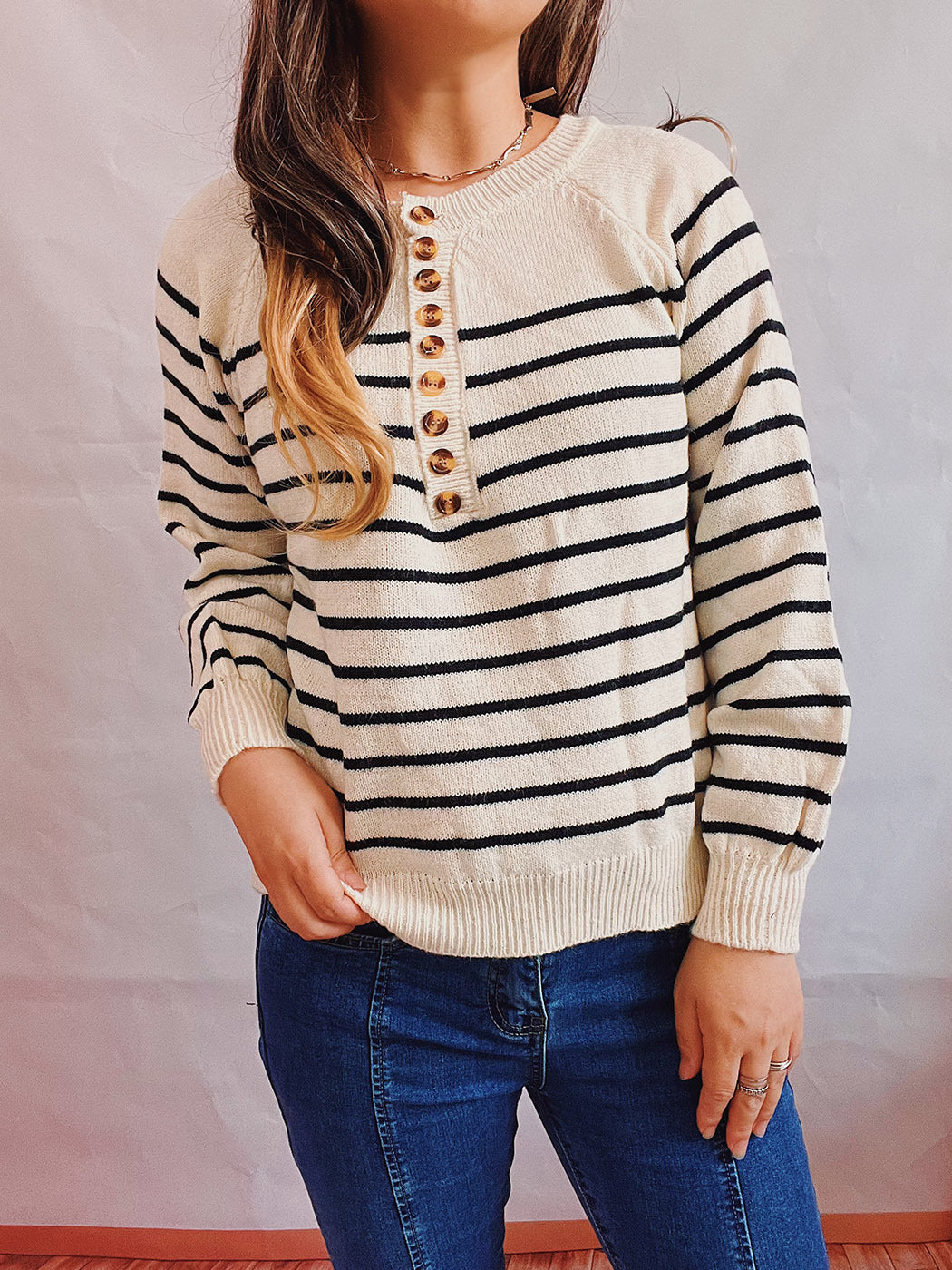 Women's Striped Knit Sweater with Button Details and Casual Fit