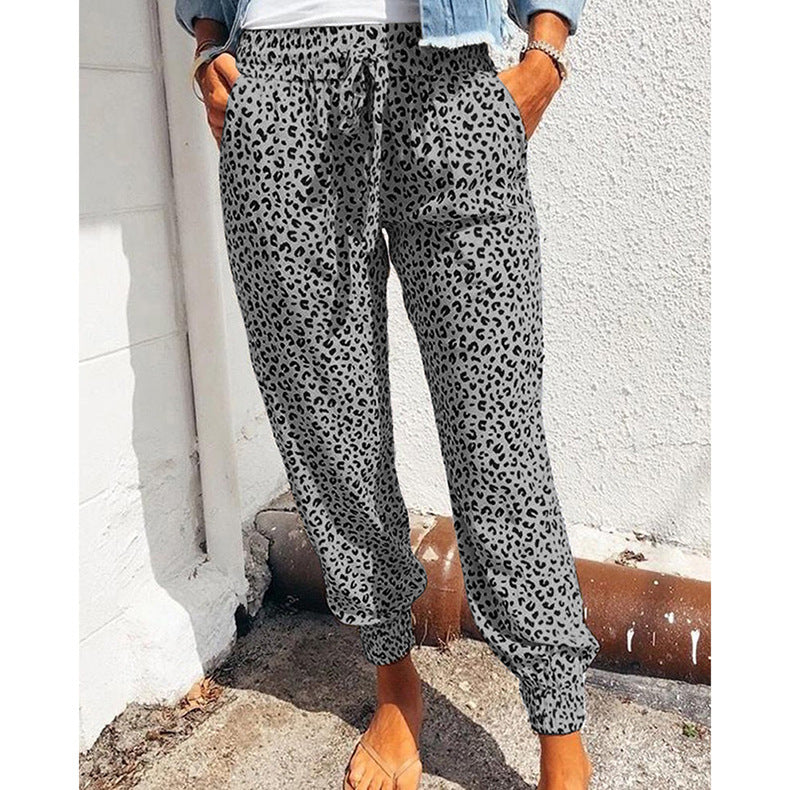 Women's Elegant Casual Trousers with Elastic Waist and Animal Print