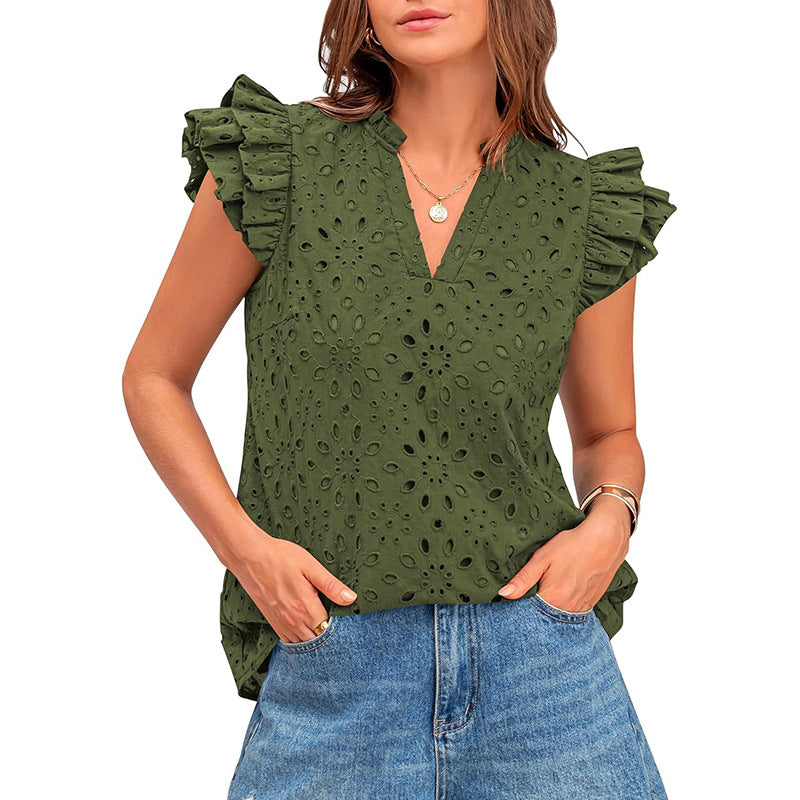 Women's Blouse with Ruffled Sleeves and Floral Eyelet Pattern