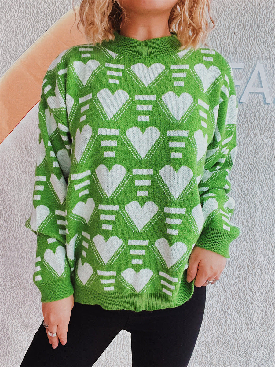 Women's Knit Sweater in Modern Heart Design with Wide Cut