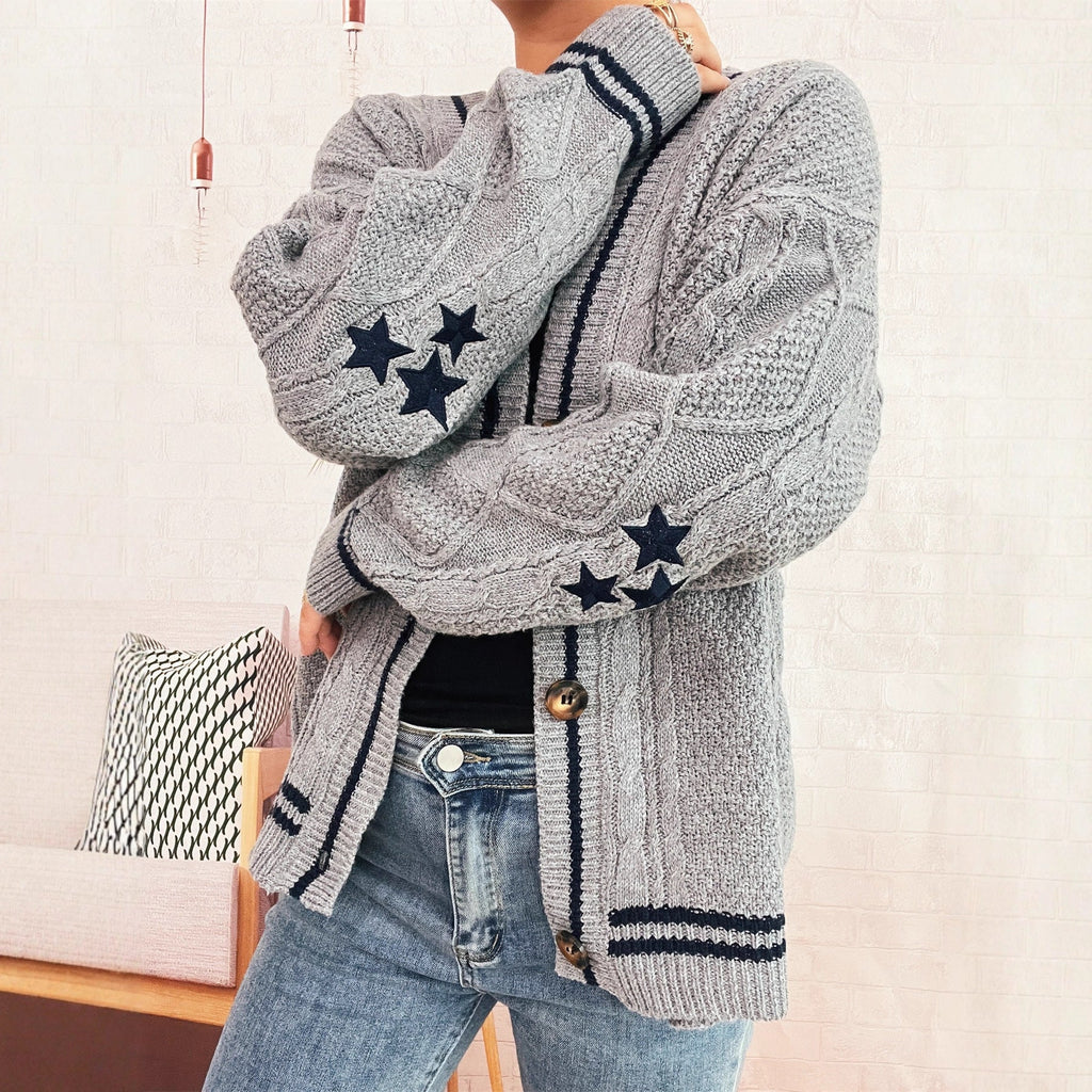 Women's Cozy Cardigan with Star Appliqués and Modern Details