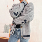 Women's Cozy Cardigan with Star Appliqués and Modern Details