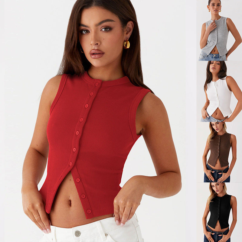 Sleeveless Ribbed Button-Down Top