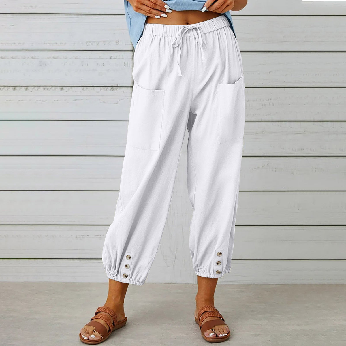 Women's Comfortable Casual Pants with Side Pockets and Cuffs