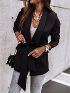 Women's Elegant Tailored Blazer with Belt and Pockets
