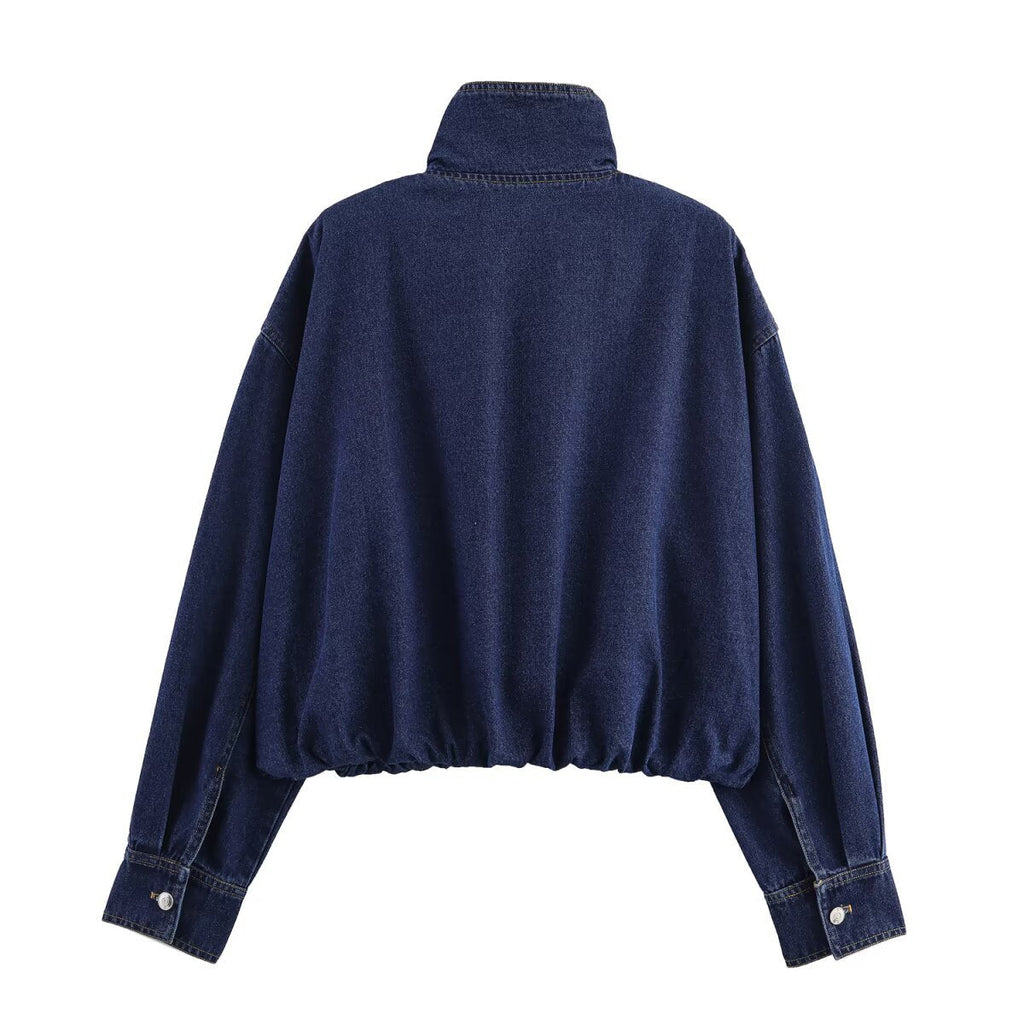 Women's Cropped Denim Jacket with High Collar