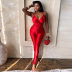 Women's Flattering Jumpsuit with Deep V-Neck and High-Gloss Finish