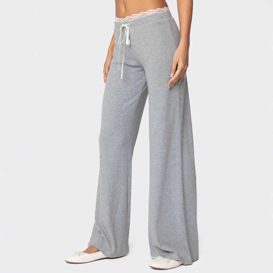 Women's Light Gray Casual Pants with Elastic Waistband and Lace Trim