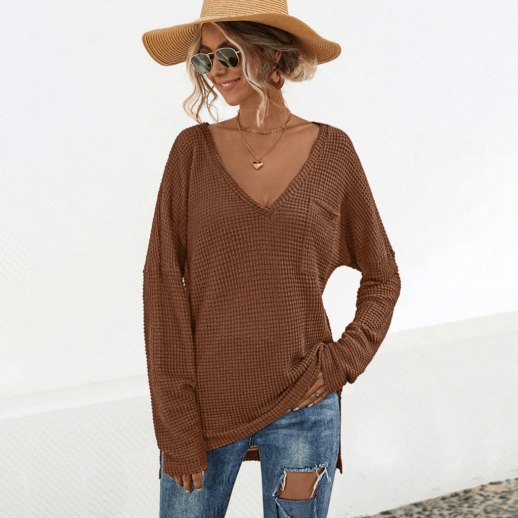 Casual Women's Long-Sleeve V-Neck Shirt with Chest Pocket