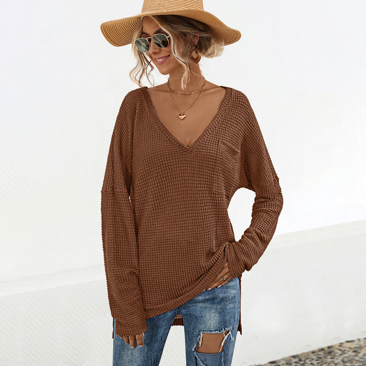 Casual Women's Long-Sleeve V-Neck Shirt with Chest Pocket