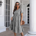 Women's Flowy V-Neck Jumpsuit with Ruffles and Plaid Pattern