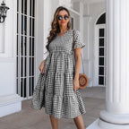 Women's Flowy V-Neck Jumpsuit with Ruffles and Plaid Pattern