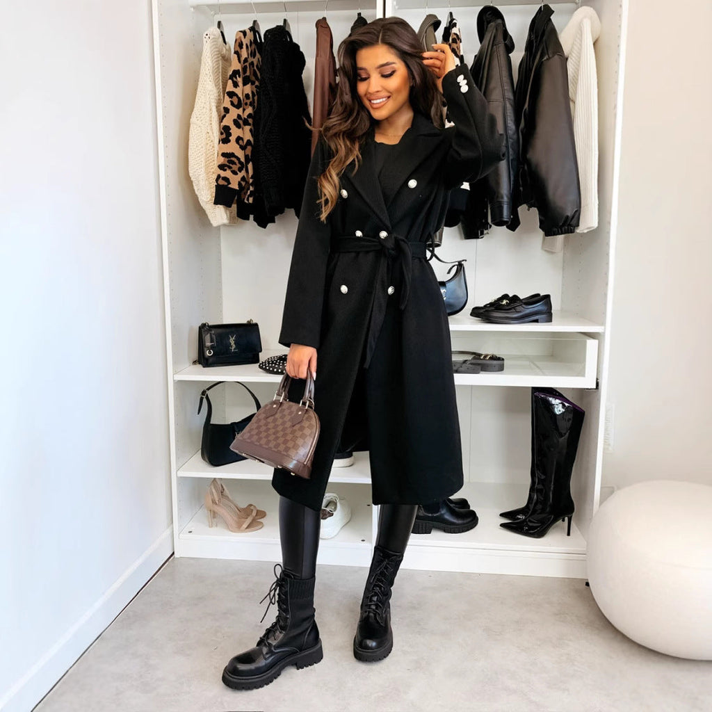Elegant Coat with Waist Belt and Double Button Placket
