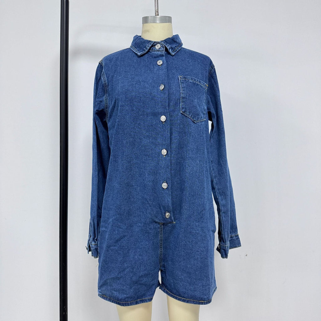 Women's Short-Sleeve Denim Jumpsuit with Pockets