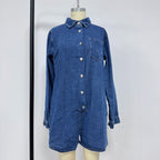 Women's Short-Sleeve Denim Jumpsuit with Pockets