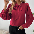 Elegant Women's Blouse with Ruffle Details and Tie Neck