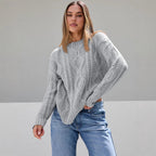 Women's Chunky Knit Sweater with Wave Pattern and Wide Cut