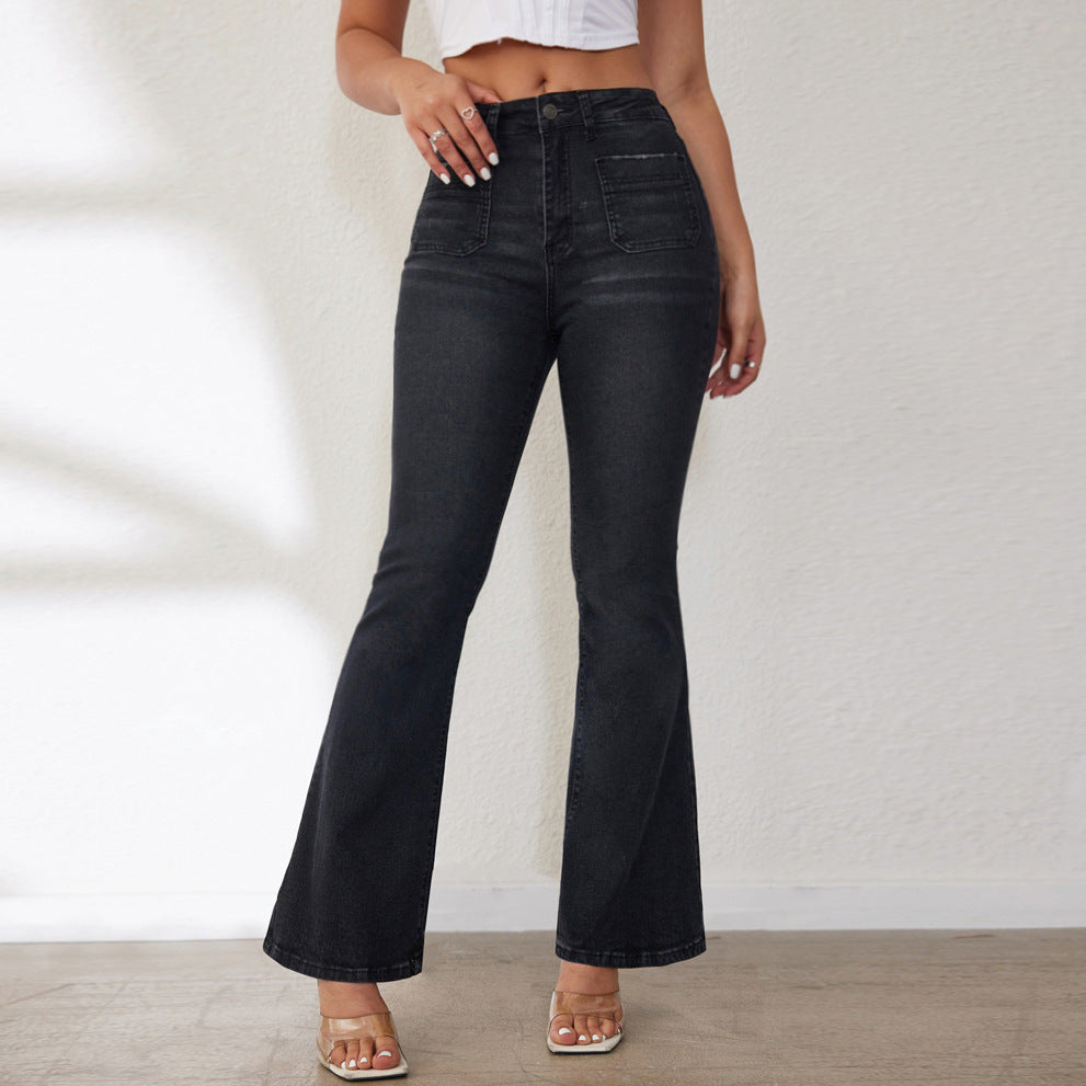 Women's Flared Jeans with High Waist and Side Pockets