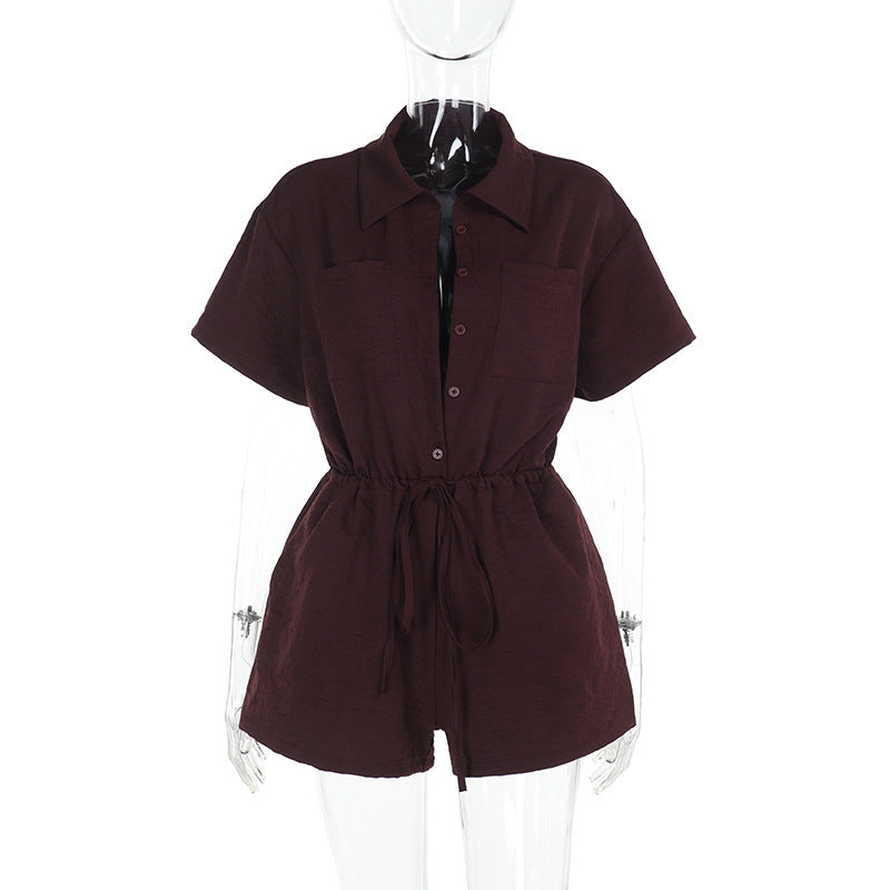 Women's Casual Short-Sleeve Jumpsuit with Waist Detail