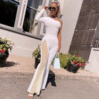 Women's Form-Fitting Jumpsuit with Asymmetric Neckline and Mesh Inserts