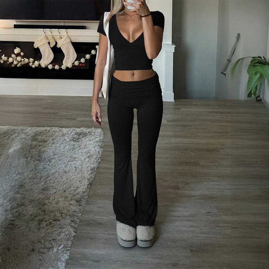 Women's Casual Two-Piece Lounge Set with Cropped Top and Bootcut Pants