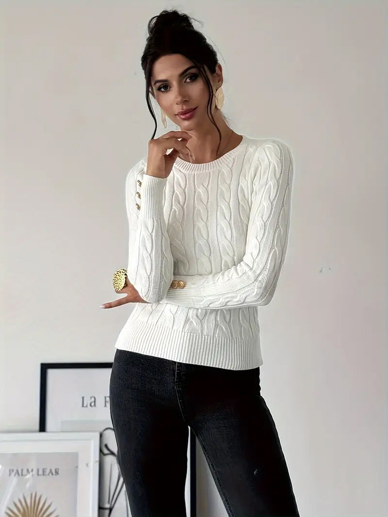 Women's Chunky Knit Sweater with Decorative Button Details