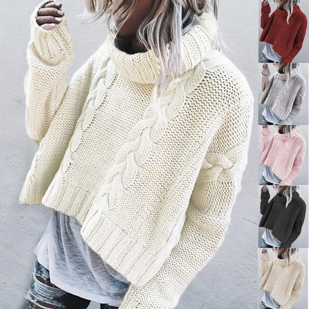 Women's Chunky Knit Sweater with Decorative Cable Pattern and High Collar