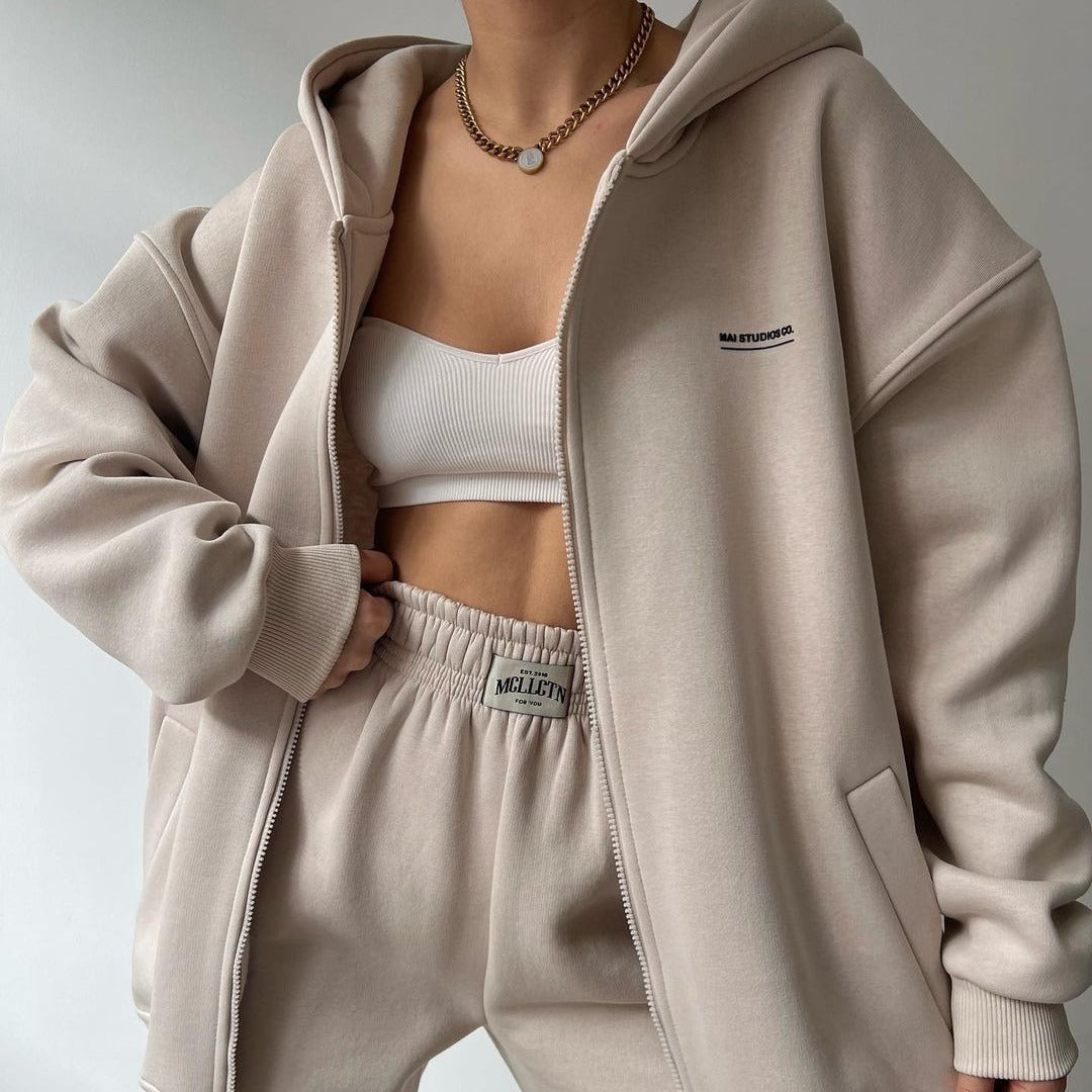 Women's Oversized Hooded Sweat Jacket and High-Waist Jogging Pants Set
