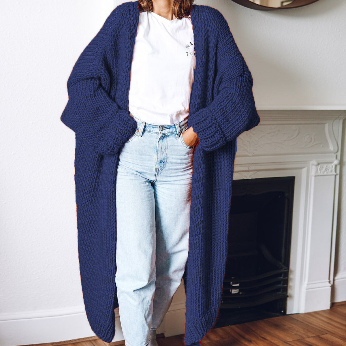 Women's Chunky Knit Coat with Voluminous Sleeves and Relaxed Fit