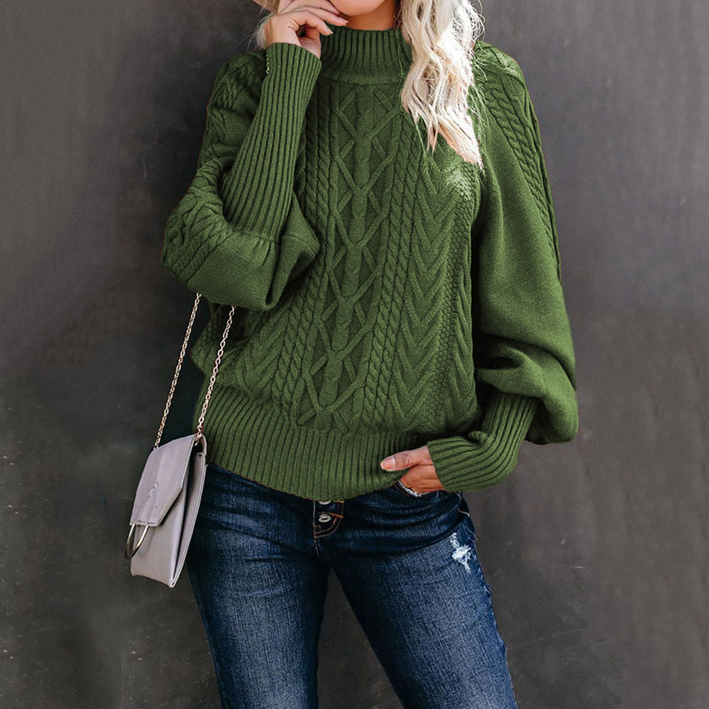 Women's Chunky Knit Sweater with High Neck and Casual Balloon Sleeves