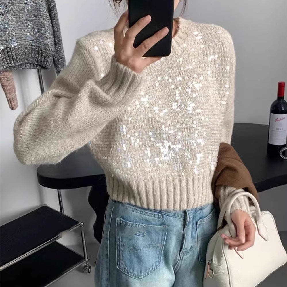 Women's Textured Glitter Knit Sweater with Wide Cut