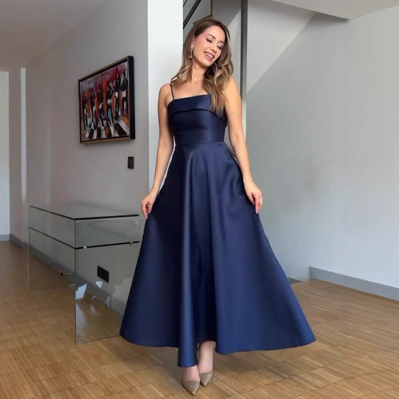 Women's Evening Dress with Fine Spaghetti Straps and Flowing Skirt