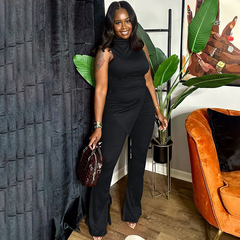 Women's Asymmetrical Jumpsuit Set with Stand-Up Collar