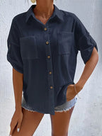 Women's Short-Sleeve Shirt with Patch Pockets and Relaxed Fit