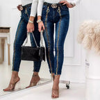 Women's High-Waist Jeans with Side Zipper and Ring Details