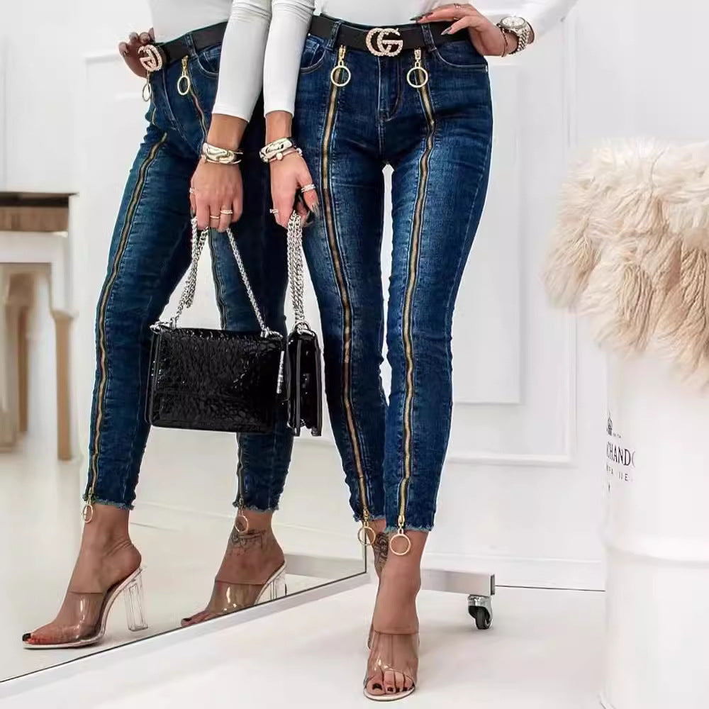Women's High-Waist Jeans with Side Zipper and Ring Details