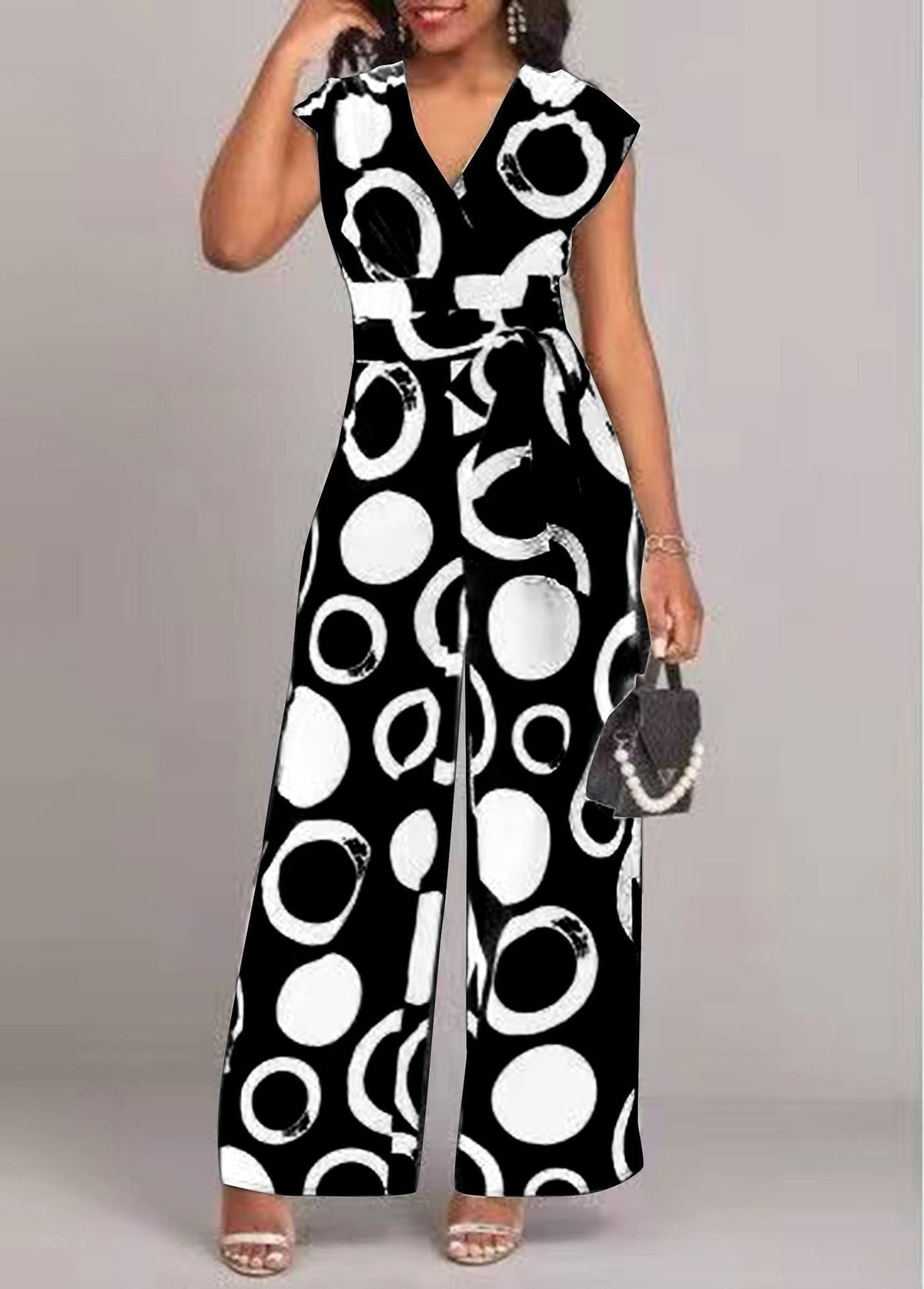 Women's Jumpsuit with Modern Circle Pattern and Waist Belt
