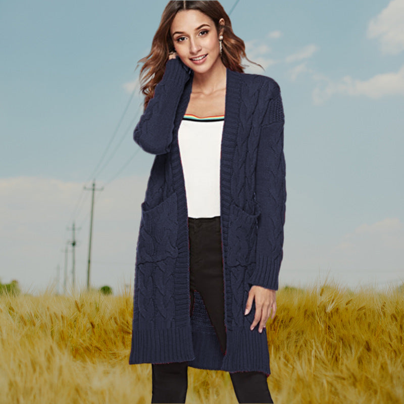Women's Chunky Knit Cardigan with Deep Pockets and Decorative Cable Knit