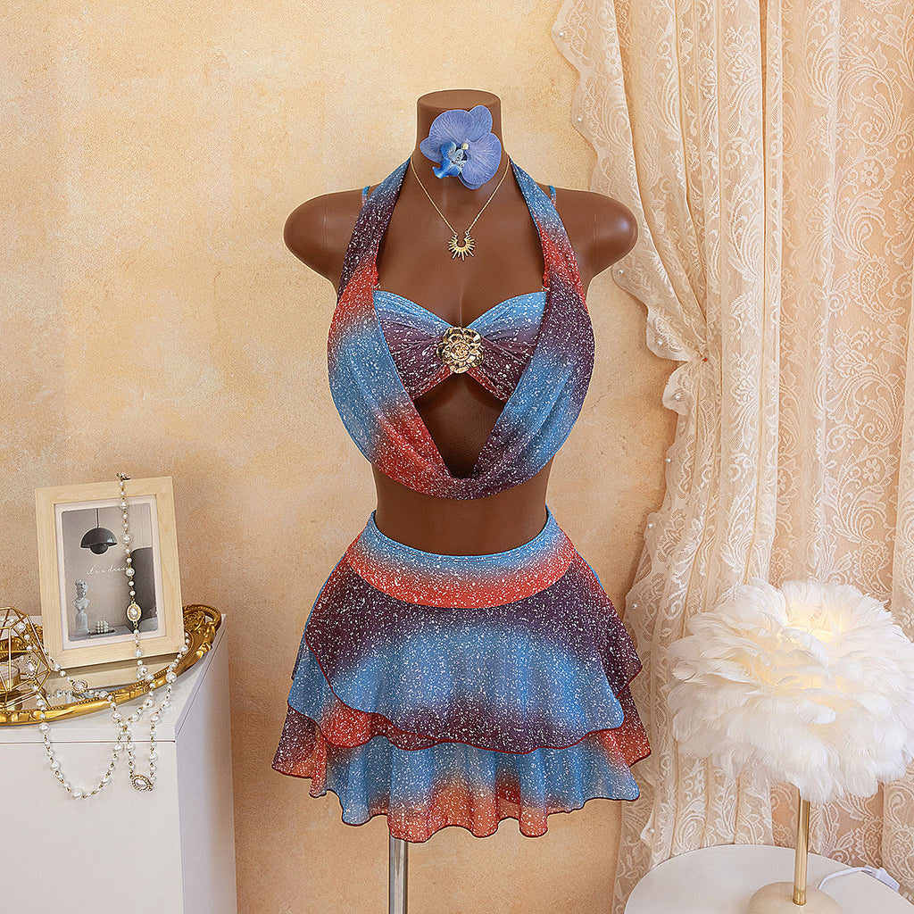 Women's Swimsuit with Deep Neckline and Shimmering Skirt