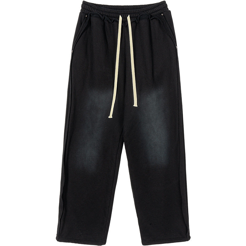 Men's Casual Sweatpants with High Waist, Elastic Drawstring, and Faded Knee Areas